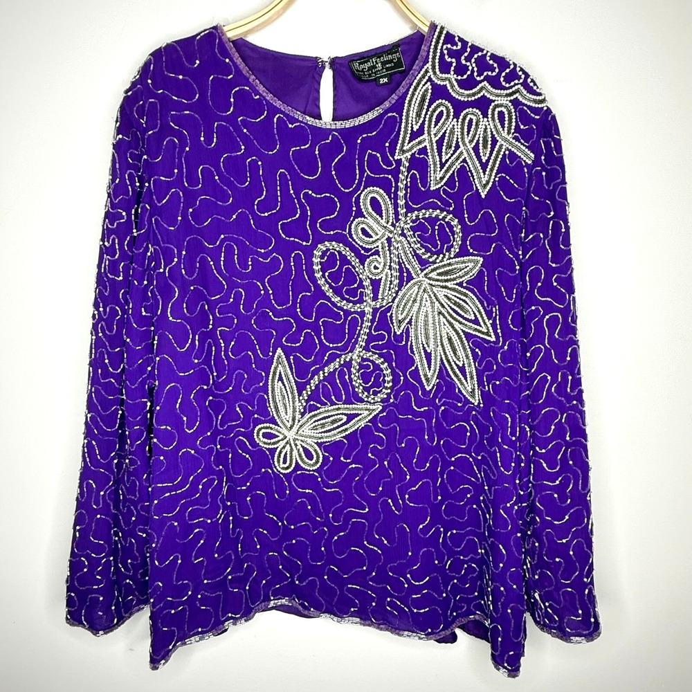 Vintage Royal Feelings Silk Beaded Royal Purple Long Sleeve Top Size XL